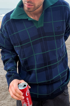 Vintage Navy and Green Checked Knit Polo