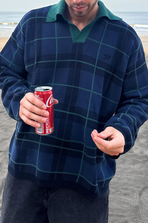 Vintage Navy and Green Checked Knit Polo