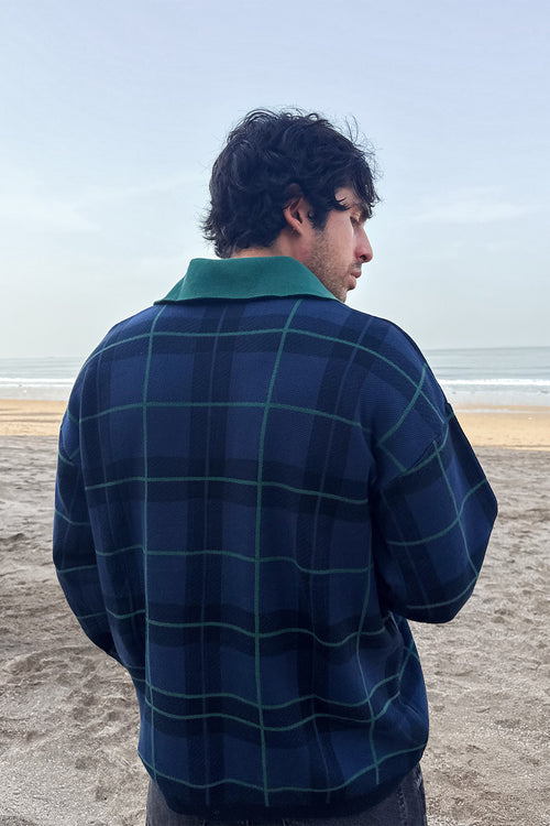 Vintage Navy and Green Checked Knit Polo