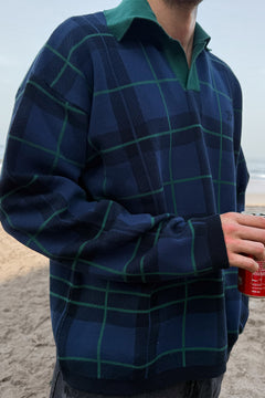 Vintage Navy and Green Checked Knit Polo